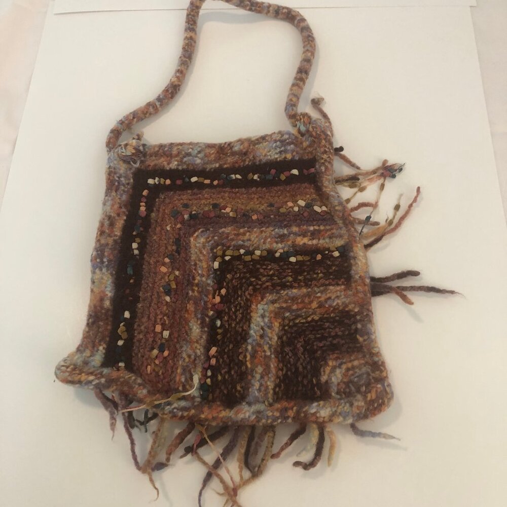 Vintage Handmade Beaded Felted Wool Chevron Bag w/ Fringe & Golden Lining - Picture 5 of 9